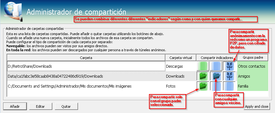 Administrador de compartición de RetroShare