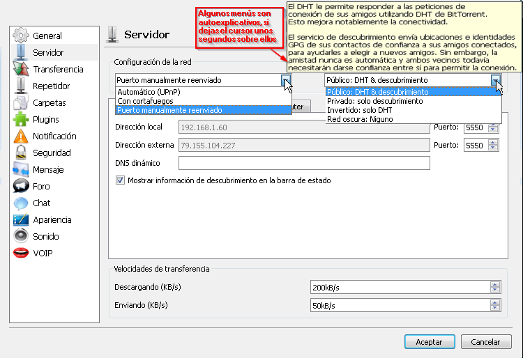 Opciones del servidor de RetroShare